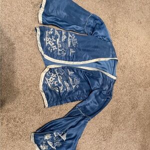 Blue Satin Embroidered Kimono Jacket with Cream Trim